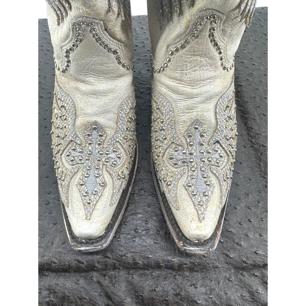 Corral Womens Bone Leather Wing and Cross Crystal Studded Boots A3571 Size 7 M - Picture 6 of 11